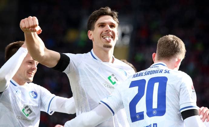 2 0 for Karlsruher SC by Igor Matanovic 9, Karlsruher SC 24 02 2024, Football, 2 Bundesliga, FC Kaiserslautern Karlsruher SC, Matchday 23, Season 2023 24, Fritz Walter Stadion, Kaiserslautern, Germany, zmdz, DFB DFL regulations prohibit any use of photographs as image sequences and or quasi video FC Kaiserslautern Karlsruher SC