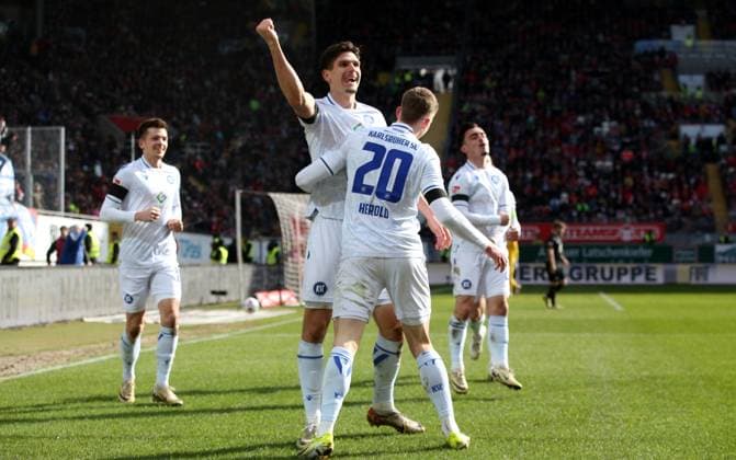 2 0 for Karlsruher SC by Igor Matanovic 9, Karlsruher SC 24 02 2024, Football, 2 Bundesliga, FC Kaiserslautern Karlsruher SC, Matchday 23, Season 2023 24, Fritz Walter Stadion, Kaiserslautern, Germany, zmdz, DFB DFL regulations prohibit any use of photographs as image sequences and or quasi video FC Kaiserslautern Karlsruher SC