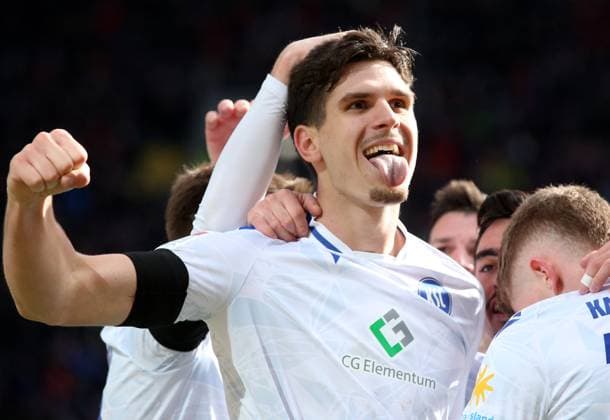 2 0 for Karlsruher SC by Igor Matanovic 9, Karlsruher SC 24 02 2024, Football, 2 Bundesliga, FC Kaiserslautern Karlsruher SC, Matchday 23, Season 2023 24, Fritz Walter Stadion, Kaiserslautern, Germany, zmdz, DFB DFL regulations prohibit any use of photographs as image sequences and or quasi video FC Kaiserslautern Karlsruher SC