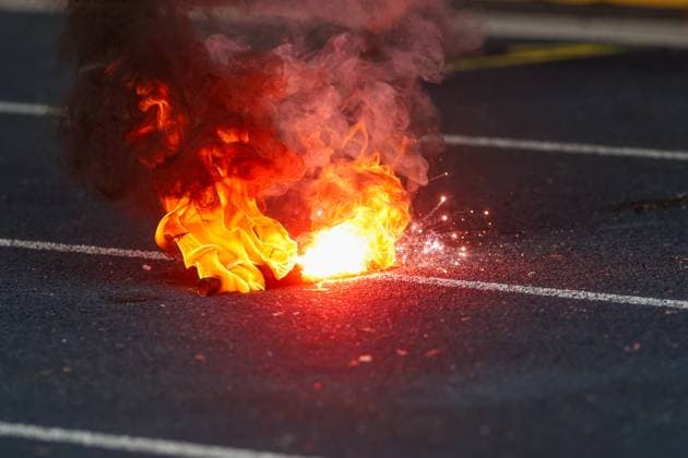 24 02 2024, Football, 2 Bundesliga, Matchday 23, Season 2023 2024, Eintracht Braunschweig Hertha BSC, Bengalo lies on the ground and burns Braunschweig Eintracht Stadion NDS Germany xRHR PHOTO TRx Copyright: RHR-FOTOx RHR-FOTO TR
