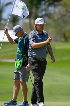 VALLARTA, - FEBRUARY 24: Sami Valimaki (FIN) after sinking his birdie putt on 1 during Rd3 of the Mexico Open at Vidanta on February 24, 2024 in Puerto Vallarta, Mexico. (Photo by Ken Murray Icon Sportswire) GOLF: FEB 24 PGA, Golf Herren Mexico Open at Vidanta EDITORIAL USE ONLY Icon2402240123