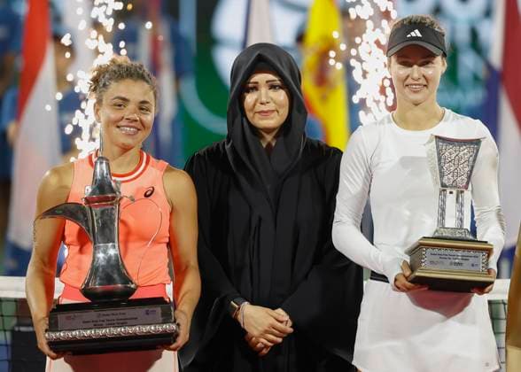 L R Winner Jasmine Paolini, Sheikha Latifa and finalist Anna Kalinskaya, award ceremony, presentation, Dubai Duty Free Tennis Championships, Dubai, U A E Tennis Dubai Tennis Championships 2024 WTA Dubai Duty Free Tennis Stadium Dubai United Arab Emirates 24 February 2024 Copyright: xJuergenxHasenkopfx