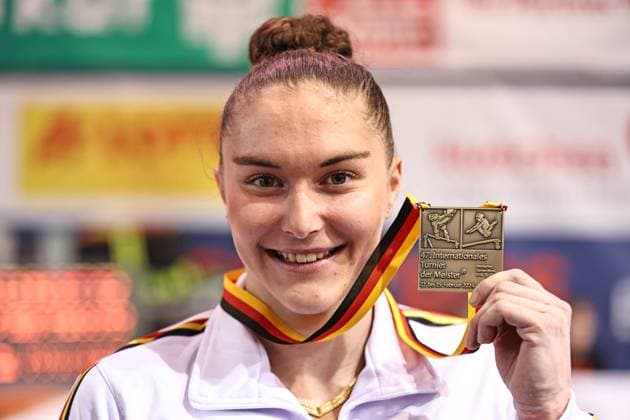 Bilder des Jahres 2024, Sport 02 Feburar Sport Themen der Woche KW08 Sport Bilder des Tages Maellyse Brassart, BEL, after bars final at 2024 world cup Turnier der Meister in Cottbus; 24 02 2024; *** Maellyse Brassart, BEL, after bars final at 2024 world cup Tournament of Champions in Cottbus 24 02 2024 