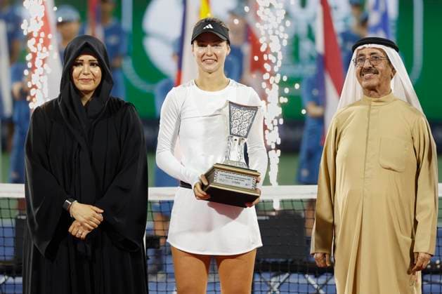 Finalist Anna Kalinskaya, with Sheikha Latifa and Sheikh Hasher, President UAE Tennis fFederation, Award Ceremony, Presentation Dubai Duty Free Tennis Championships, Dubai, U A E Copyright: xJuergenxHasenkopfx