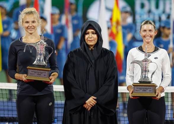 L R Katerina Siniakova and Storm Hunter with Sheikha Latifa, Womens Doubles, Award Ceremony, Presentation Dubai Duty Free Tennis Championships, Dubai, U A E Tennis Dubai Tennis Championships 2024 WTA 1000 Dubai Duty Free Tennis Stadium Dubai United Arab Emirates 24 February 2024 Copyright: xJuergenxHasenkopfx