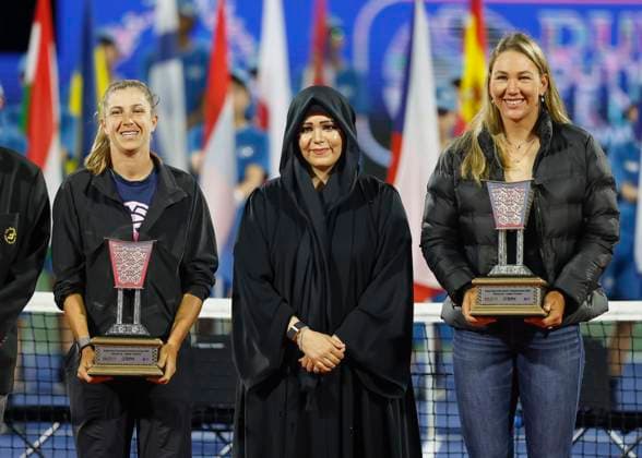 R L Finalists Nicole Melchiar, Ellen Perez with Sheikha Latifa, Womens Doubles, Award Ceremony, Presentation Dubai Duty Free Tennis Championships, Dubai, U A E Tennis Dubai Tennis Championships 2024 WTA 1000 Dubai Duty Free Tennis Stadium Dubai United Arab Emirates 24 February 2024 Copyright: xJuergenxHasenkopfx