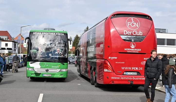25 02 2024 Soccer Season 2023 2024 2 Soccer Bundesliga 23 Matchday SpVgg Greuther Fürth Kleeblatt 1 FC Nürnberg FCN Club Derby Frankenderby Sportfoto Zink xwoxzix DFL regulations prohibit any use of photographs as image sequences and or quasi video only for editorial use Team buses Team buses Fürth Nürnberg