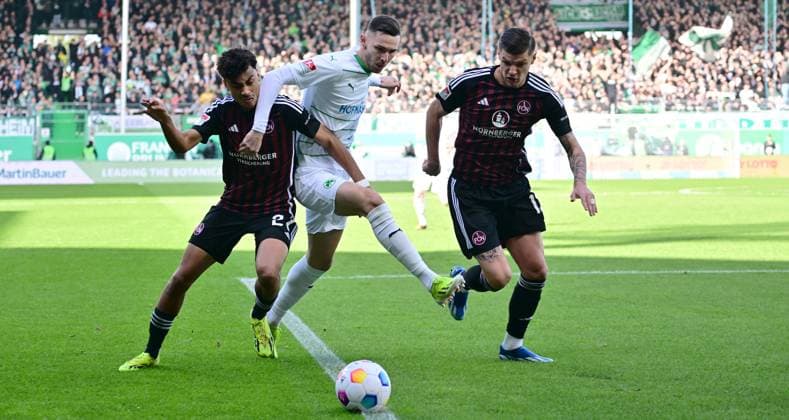 25 02 2024 Soccer Season 2023 2024 2 Soccer Bundesliga 23 Matchday SpVgg Greuther Fürth Kleeblatt 1 FC Nürnberg FCN Club Derby Frankenderby Sportfoto Zink xwoxzix DFL regulations prohibit any use of photographs as image sequences and or quasi video only for editorial use Branimir Hrgota 10 SpVgg Greuther Fürth vs Nathaniel Brown 27, 1 FC Nürnberg FCN Erik Wekesser 13, 1 FC Nürnberg FCN , right