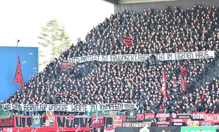 25 02 2024 Soccer Season 2023 2024 2 Soccer Bundesliga 23 Matchday SpVgg Greuther Fürth Kleeblatt 1 FC Nürnberg FCN Club Derby Frankenderby Sportfoto Zink MeZi xmexzix DFL regulations prohibit any use of photographs as image sequences and or quasi video only for editorial use Banner FCN Fans Fanblock