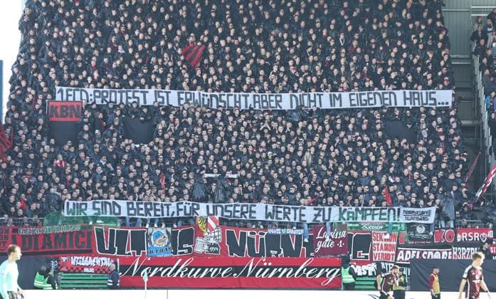 25 02 2024 Soccer Season 2023 2024 2 Soccer Bundesliga 23 Matchday SpVgg Greuther Fürth Kleeblatt 1 FC Nürnberg FCN Club Derby Frankenderby Sportfoto Zink DaMa xdaxmax DFL regulations prohibit any use of photographs as image sequences and or quasi video only for editorial use Banner Banner of the Clubfan Clubfans FCN Fans Fans 1 FCN Protest is welcome, but not in your own house We are ready to fight for our values