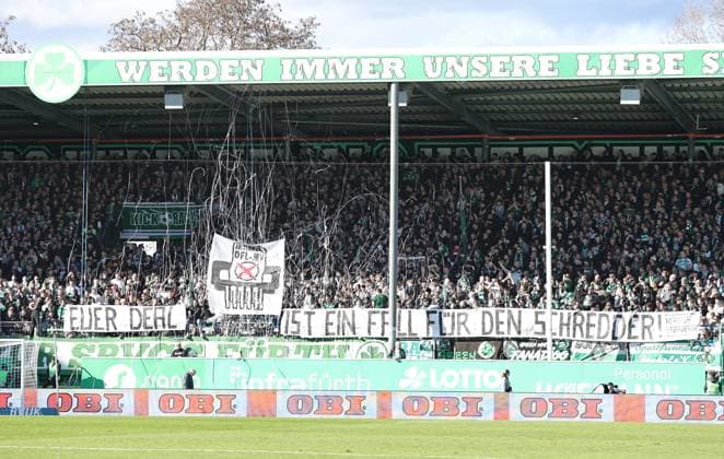 25 02 2024 Soccer Season 2023 2024 2 Soccer Bundesliga 23 Matchday SpVgg Greuther Fürth Kleeblatt 1 FC Nürnberg FCN Club Derby Frankenderby Sportfoto Zink DaMa xdaxmax DFL regulations prohibit any use of photographs as image sequences and or quasi video only for editorial use Choreography of the cloverleaf fans against the DFL and investors Your deal is a case for the shredder