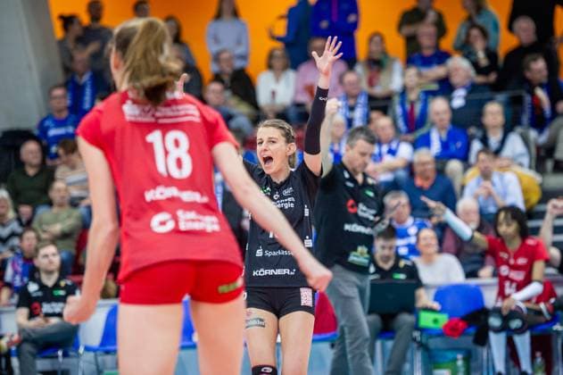 Aleksandra Jegdic Dresdner SC, 15 Jubel, Freude Allianz MTV Stuttgart Dresdner SC, Sport, Volleyball Bundesliga, Frauen, VBL, Saison 2023 24, 25 02 2024, Stuttgart SCHARRena , DEU Allianz MTV Stuttgart Dresdner SC, Sport, Volleyball Bundesliga, Frauen, VBL, Saison 2023 24, 25 02 2024, Stuttgart SCHARRena , DEU Stuttgart Copyright: xSandyxDinkelackerx EP_SDR