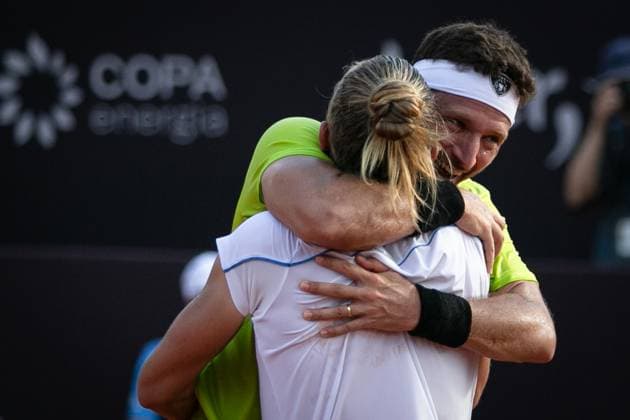 (240226) -- RIO DE JANEIRO, Feb. 26, 2024 -- Nicolas Barrientos (R) of Colombia Rafael Matos of Brazil celebrate victory after the men s doubles final between Lucas Miedler Alexander Erler of Austria and Nicolas Barrientos of Colombia Rafael Matos of Brazil at the 2024 ATP500 Rio Open at Jockey Club Brasileiro in Rio de Janeiro, Brazil, Feb. 25, 2024. (Photo by Xinhua) (SP)BRAZIL-RIO DE JANEIRO-TENNIS-RIO OPEN-MEN S DOUBLES-FINAL ClaudiaxMartini 