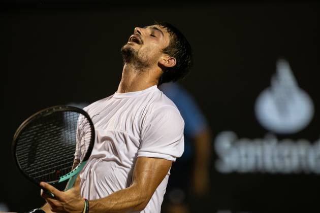 (240226) -- RIO DE JANEIRO, Feb. 26, 2024 -- Mariano Navone of Argentina reacts during the men s singles final between Sebastian Baez of Argentina and Mariano Navone of Argentina at the 2024 ATP500 Rio Open at Jockey Club Brasileiro in Rio de Janeiro, Brazil, Feb. 25, 2024. (Photo by Xinhua) (SP)BRAZIL-RIO DE JANEIRO-TENNIS-RIO OPEN-MEN S SINGLES-FINAL ClaudiaxMartini 