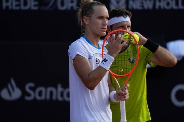 (240226) -- RIO DE JANEIRO, Feb. 26, 2024 -- Nicolas Barrientos (R) of Colombia Rafael Matos of Brazil react during the men s doubles final between Lucas Miedler Alexander Erler of Austria and Nicolas Barrientos of Colombia Rafael Matos of Brazil at the 2024 ATP500 Rio Open at Jockey Club Brasileiro in Rio de Janeiro, Brazil, Feb. 25, 2024. ) (SP)BRAZIL-RIO DE JANEIRO-TENNIS-RIO OPEN-MEN S DOUBLES-FINAL WangxTiancong 