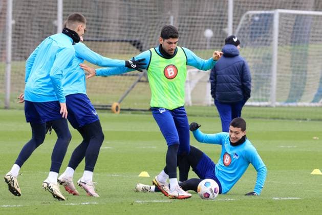 DEU, DFL, 2 FBL Hertha BSC, Training, 26 02 2024, Sportforum, Berlin, DEU, DFL, 2 FBL Hertha BSC, Training, in the picture Andreas Bouchalakis Hertha BSC Berlin 5 , Ibrahim Maza Hertha BSC Berlin 30 , Bence Dardai Hertha BSC Berlin 24 DFL regulations prohibit any use of Photographs as image sequences and or quasi video Foto Juergen Engler nordphoto GmbH nordphotoxGmbHx xEngler nph00076