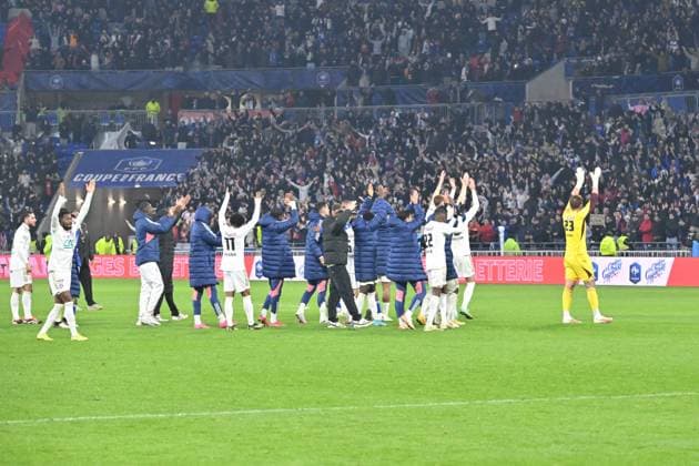 Joie de Lucas Perrin (lyon) et de ses coÃ quipiers FOOTBALL: Olympique Lyonnais vs Racing Club de Strasbourg Alsace - 1 4 Coupe de France - 27 02 2024 FredericChambert Panoramic 