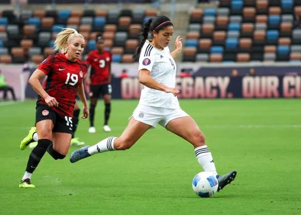 HOUSTON, TX - FEBRUARY 28: Costa Rica forward Maia Paula Salas (9) sends the ball in the first half during the CONCACAF Womens Gold Cup Group C - Canada vs Costa Rica on February 28, 2024 at Shell Energy Stadium in Houston, Texas. (Photo by Leslie Plaza Johnson Icon Sportswire) SOCCER: FEB 28 CONCACAF Womens Gold Cup Group C - Canada vs Costa Rica EDITORIAL USE ONLY Icon240228010