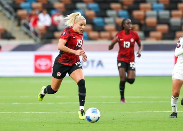 HOUSTON, TX - FEBRUARY 28: Canada forward Adriana Leon (19) dribbles the ball in the first half during the CONCACAF Womens Gold Cup Group C - Canada vs Costa Rica on February 28, 2024 at Shell Energy Stadium in Houston, Texas. (Photo by Leslie Plaza Johnson Icon Sportswire) SOCCER: FEB 28 CONCACAF Womens Gold Cup Group C - Canada vs Costa Rica EDITORIAL USE ONLY Icon240228013