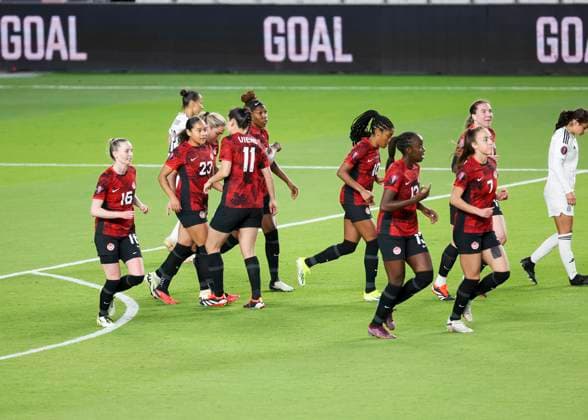 HOUSTON, TX - FEBRUARY 28: Canada players celebrate a goal by Canada forward Jordyn Huitema (9) (not pictured) in the second half during the CONCACAF Womens Gold Cup Group C - Canada vs Costa Rica on February 28, 2024 at Shell Energy Stadium in Houston, Texas. (Photo by Leslie Plaza Johnson Icon Sportswire) SOCCER: FEB 28 CONCACAF Womens Gold Cup Group C - Canada vs Costa Rica EDITORIAL USE ONLY Icon240228020