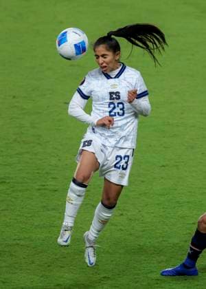 HOUSTON, TX - FEBRUARY 28: El Salvador forward Samaria Gomez (23) heads the ball in the first half during the CONCACAF Womens Gold Cup Group C - Paraguay vs El Salvador match on February 28, 2024 at Shell Energy Stadium in Houston, Texas. (Photo by Leslie Plaza Johnson Icon Sportswire) SOCCER: FEB 28 CONCACAF Womens Gold Cup Group C - Paraguay vs El Salvador EDITORIAL USE ONLY Icon240228001