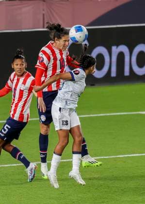 HOUSTON, TX - FEBRUARY 28: Paraguay defender Tania Riso (14) heads the ball in the first half during the CONCACAF Womens Gold Cup Group C - Paraguay vs El Salvador match on February 28, 2024 at Shell Energy Stadium in Houston, Texas. (Photo by Leslie Plaza Johnson Icon Sportswire) SOCCER: FEB 28 CONCACAF Womens Gold Cup Group C - Paraguay vs El Salvador EDITORIAL USE ONLY Icon240228003