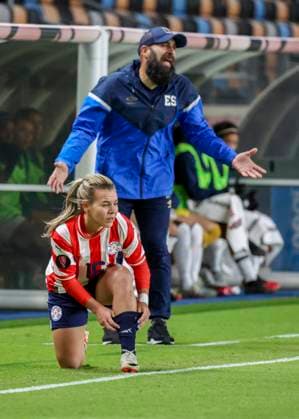 HOUSTON, TX - FEBRUARY 28: El Salvador head coach Eric Acuna complains to referee for not calling a foul that caused Paraguay forward Ramona Martinez (16) to get hurt, in the first half during the CONCACAF Womens Gold Cup Group C - Paraguay vs El Salvador match on February 28, 2024 at Shell Energy Stadium in Houston, Texas. (Photo by Leslie Plaza Johnson Icon Sportswire) SOCCER: FEB 28 CONCACAF Womens Gold Cup Group C - Paraguay vs El Salvador EDITORIAL USE ONLY Icon240228007