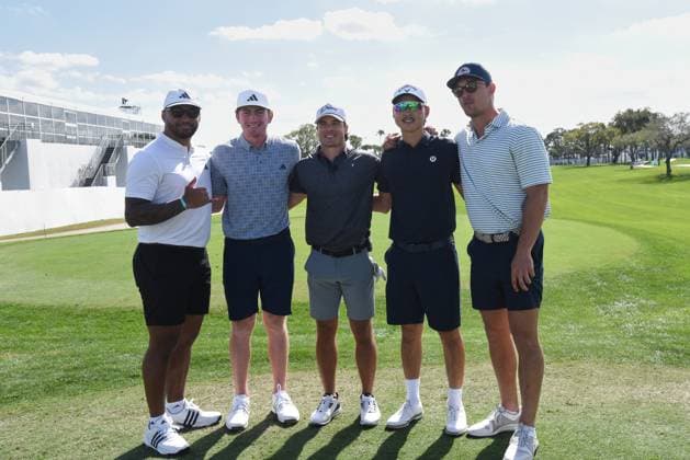 PALM BEACH GARDENS, FL - FEBRUARY 28: From left, Miami Dolphins quarterback Tua Tagovailoa, 2nd to left Nick Dunlap (USA), and Min Woo Lee (AUS) play in the Pro-AM golf tournament at the Cognizant Classic at PGA, Golf Herren National on February 28, 2024, in Palm Beach Gardens, Florida. (Photo by Michele Eve Sandberg Icon Sportswire) GOLF: FEB 28 PGA Cognizant Classic in The Palm Beaches EDITORIAL USE ONLY Icon24022810010