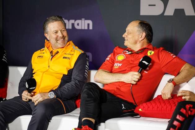 BROWN Zak (usa), CEO of of McLaren Racing, portrait VASSEUR FrÃ dÃ ric (fra), Team Principal & General Manager of the Scuderia Ferrari, portrait press conference, PK, Pressekonferenz during the Formula 1 Gulf Air Bahrain Grand Prix 2024, 1st round of the 2024 FIA Formula One World Championship, WM, Weltmeisterschaft from February 29 to March 2, 2024 on the Bahrain International Circuit, in Sakhir, Bahrain - F1 - BAHRAIN GRAND PRIX 2024 DPPI Panoramic  240229_R01BAHRAIN__BR50943