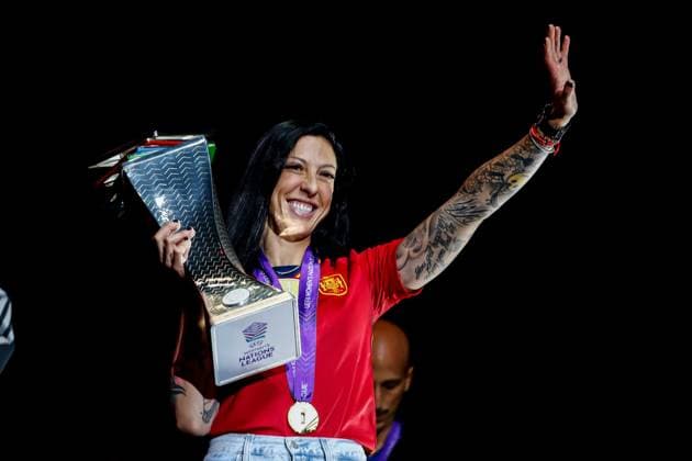 February 29, 2024: Jenni Hermoso of Spain poses with the trophy during the celebration of the Spain Women Team after winning the UEFA Women s Nations League at Palacio Vistalegre on February 29, 2024 inÃ‚ Madrid,Ã‚ Spain. - ZUMAa181 20240229_zaa_a181_008 Copyright: xIrinaxR.Hipolitox