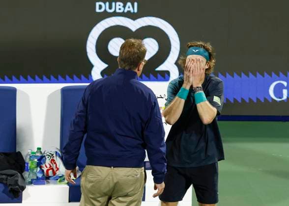 Andrey Rublev is disqualified, Dubai Duty Free Tennis Championships, Dubai, U A E Tennis Dubai Tennis Championships 2024 ATP Dubai Duty Free Tennis Stadium Dubai United Arab Emirates 1 March 2024 Copyright: xJuergenxHasenkopfx
