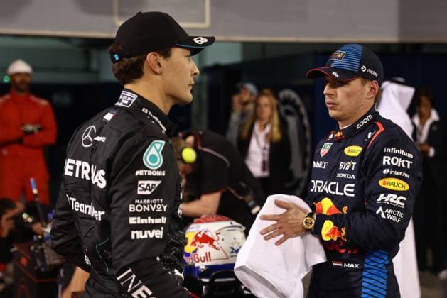 F1 Bahrain Grand Prix 2024 Qualifying George Russell of Mercedes and Max Verstappen of Red Bull Racing after qualifying ahead of the Formula 1 Bahrain Grand Prix at Sakhir Circuit in Sakhir, Bahrain on March 1, 2024. Sakhir Bahrain  Copyright: xJakubxPorzyckix originalFilename:porzycki-f1bahrai240301_nphxP.jpg