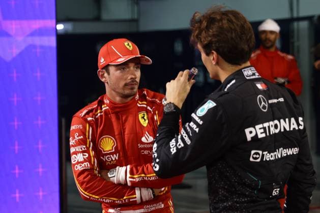 F1 Bahrain Grand Prix 2024 Qualifying Charles Leclerc of Ferrari and George Russell of Mercedes after qualifying ahead of the Formula 1 Bahrain Grand Prix at Sakhir Circuit in Sakhir, Bahrain on March 1, 2024. Sakhir Bahrain  Copyright: xJakubxPorzyckix originalFilename:porzycki-f1bahrai240301_npmFh.jpg