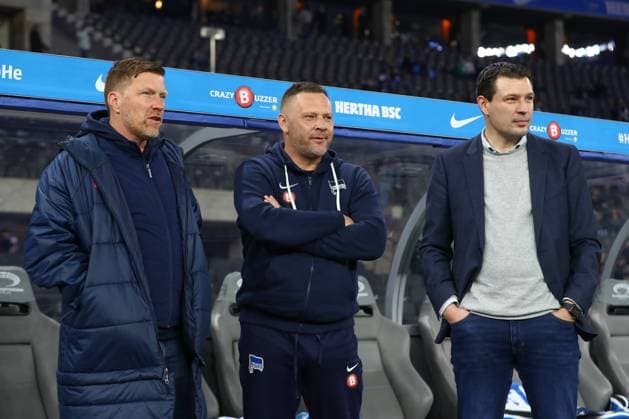 01 03 2024, xtgx, Soccer 2 Bundesliga, Hertha BSC Berlin Holstein Kiel emspor, v l Andreas Zecke Neuendorf Hertha, Head of Licensing , Pal Dardai Hertha, Coach , Benjamin Weber Hertha, Sports Director DFL DFB REGULATIONS PROHIBIT ANY USE OF PHOTOGRAPHS as IMAGE SEQUENCES and or QUASI VIDEO Berlin
