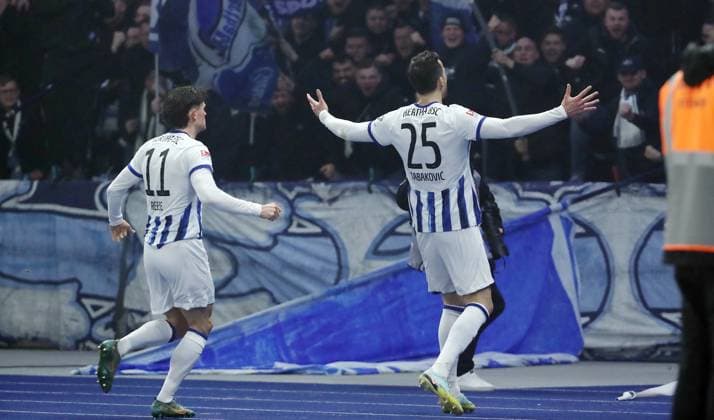 Haris Tabakovic cheers after 1 0 joy emotion jubilation Sport Football Soccer DFL 2 Bundesliga Men 24 Matchday Season 2023 2024 01 03 2024 Hertha BSC Berlin vs Holstein Kiel DFL regulations prohibit any use of photographs as image sequences and or quasi video