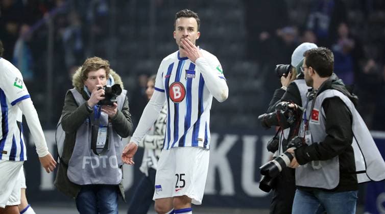 Haris Tabakovic cheers after 1 0 joy emotion jubilation Sport Football Soccer DFL 2 Bundesliga Men 24 Matchday Season 2023 2024 01 03 2024 Hertha BSC Berlin vs Holstein Kiel DFL regulations prohibit any use of photographs as image sequences and or quasi video