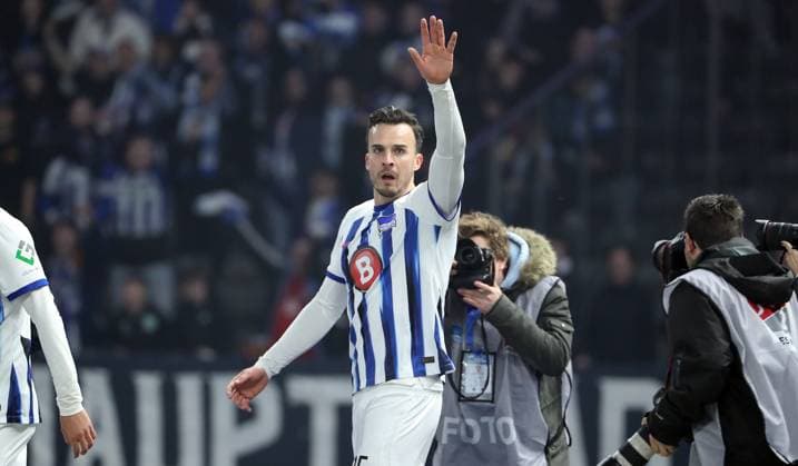 Haris Tabakovic cheers after 1 0 joy emotion jubilation Sport Football Soccer DFL 2 Bundesliga Men 24 Matchday Season 2023 2024 01 03 2024 Hertha BSC Berlin vs Holstein Kiel DFL regulations prohibit any use of photographs as image sequences and or quasi video