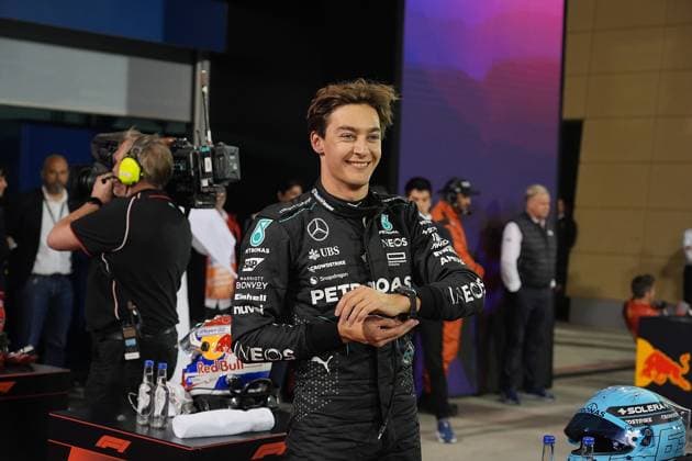 Formula 1 Gulf Air Bahrain Grand Prix 2024 01 03 2024, Bahrain International Circuit, Sakhir, Formula 1 Gulf Air Bahrain Grand Prix 2024 ,in the picture George Russell GBR , Mercedes AMG Petronas Formula One Team is happy about his 3rd starting position nordphotoxGmbHx xBratic nph00250