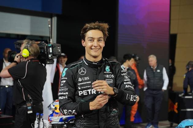 Formula 1 Gulf Air Bahrain Grand Prix 2024 01 03 2024, Bahrain International Circuit, Sakhir, Formula 1 Gulf Air Bahrain Grand Prix 2024 ,in the picture George Russell GBR , Mercedes AMG Petronas Formula One Team is happy about his 3rd starting position nordphotoxGmbHx xBratic nph00250