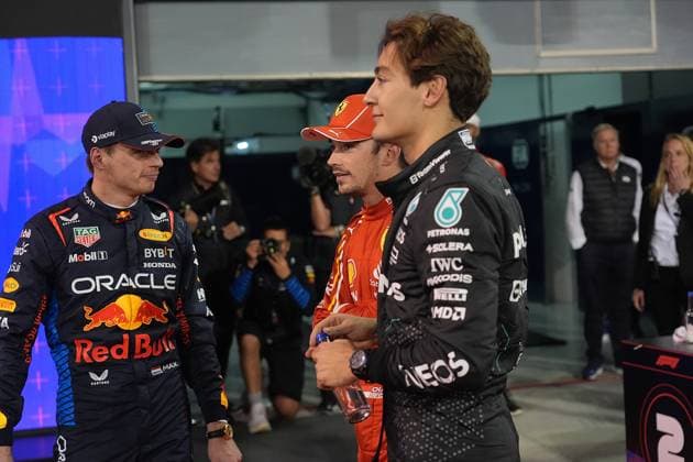 Formula 1 Gulf Air Bahrain Grand Prix 2024 01 03 2024, Bahrain International Circuit, Sakhir, Formula 1 Gulf Air Bahrain Grand Prix 2024 ,in the picture Max Verstappen NLD , Oracle Red Bull Racing, Charles Leclerc MCO , Scuderia Ferrari, George Russell GBR , Mercedes AMG Petronas Formula One Team nordphotoxGmbHx xBratic nph00250