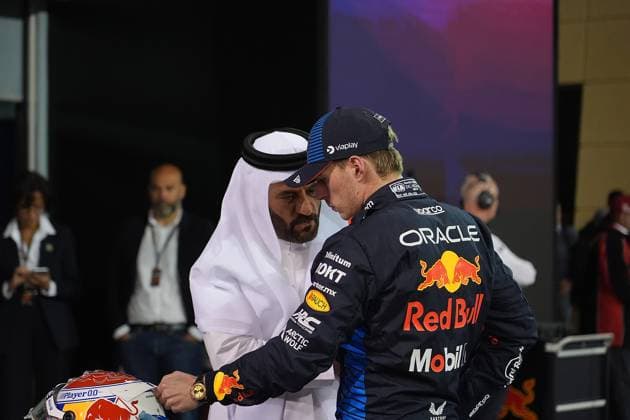 Formula 1 Gulf Air Bahrain Grand Prix 2024 01 03 2024, Bahrain International Circuit, Sakhir, Formula 1 Gulf Air Bahrain Grand Prix 2024 ,in the picture FIA President Mohammed bin Sulayem in conversation with Max Verstappen NLD , Oracle Red Bull Racing nordphotoxGmbHx xBratic nph00250