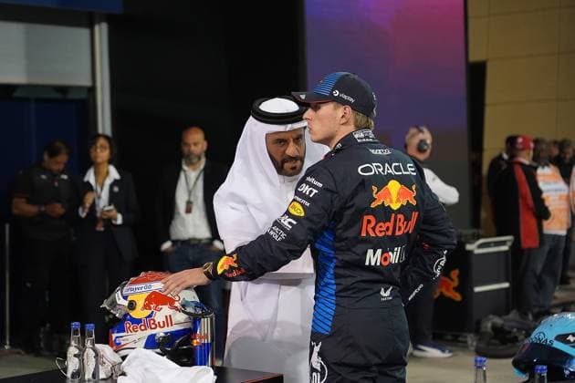 Formula 1 Gulf Air Bahrain Grand Prix 2024 01 03 2024, Bahrain International Circuit, Sakhir, Formula 1 Gulf Air Bahrain Grand Prix 2024 ,in the picture FIA President Mohammed bin Sulayem in conversation with Max Verstappen NLD , Oracle Red Bull Racing nordphotoxGmbHx xBratic nph00250