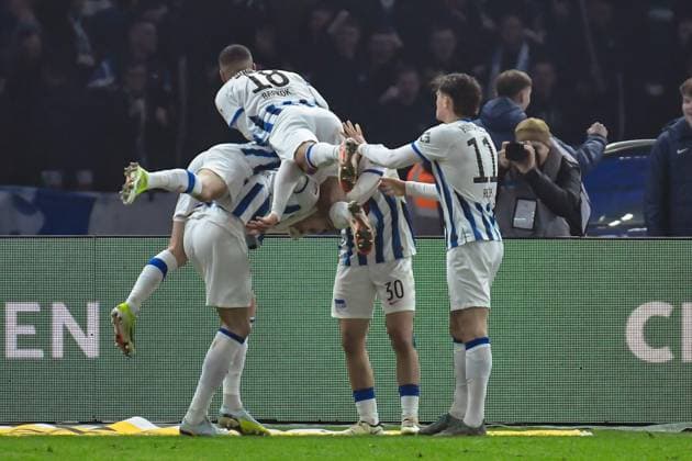 Soccer 2 Bundesliga, Hertha BSC Holstein Kiel 01 03 2024, xdanx, Soccer 2 Bundesliga, Hertha BSC Holstein Kiel, v l cheering after the 2 0 by Haris Tabakovic Hertha BSC 25 ,Palko Dardai Hertha BSC 27 ,Aymen Barkok Hertha BSC 18 ,Ibrahim Maza Hertha BSC 30 ,Fabian Reese Hertha BSC 11 , DFL DFB REGULATIONS PROHIBIT ANY USE OF PHOTOGRAPHS as IMAGE SEQUENCES and or QUASI VIDEO Foto Daniel Lakomski Mix1 Berlin Olympiastadion Berlin Berlin Germany EN Copyright: xDanielxLakomskix