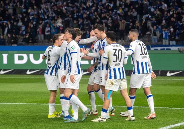 Soccer, Men, Season 2023 2024, 2 Bundesliga 24 Matchday , Hertha BSC Holstein Kiel, f l Michal Karbownik Hertha BSC , Fabian Reese Hertha BSC , Linus Gechter Hertha BSC , Haris Tabakovic Hertha BSC , Ibrahim Maza Hertha BSC , Aymen Barkok Hertha BSC , Celebration after goal to 2 0, 01 03 2024, Copyright: xSebastianxRäppold MatthiasxKochx