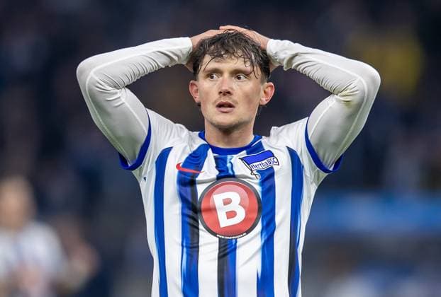 Berlin, 01 03 2024, Soccer, 2 Bundesliga, Matchday 24, Hertha BSC Holstein Kiel, Olympiastadion Berlins Fabian Reese reacts to missed goal chance DFL regulations and DFB regulations prohibit any use of photographs as image sequences and or quasi video, Foto Andreas Gora Hertha BSC Holstein Kiel