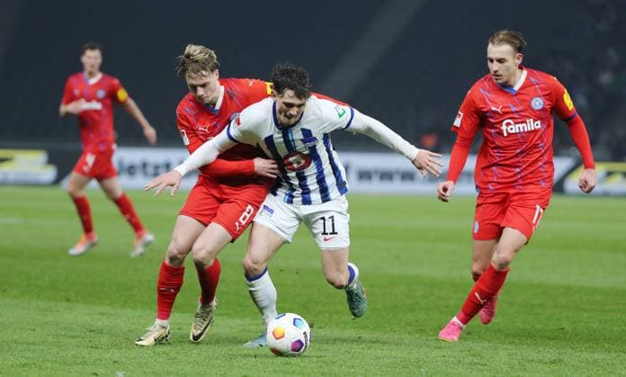 Finn Porath, Fabian Reese, Timo Becker duel Match scene Action Sport Football Soccer DFL 2 Bundesliga Men 24 Matchday Season 2023 2024 01 03 2024 Hertha BSC Berlin vs Holstein Kiel DFL regulations prohibit any use of photographs as image sequences and or quasi video