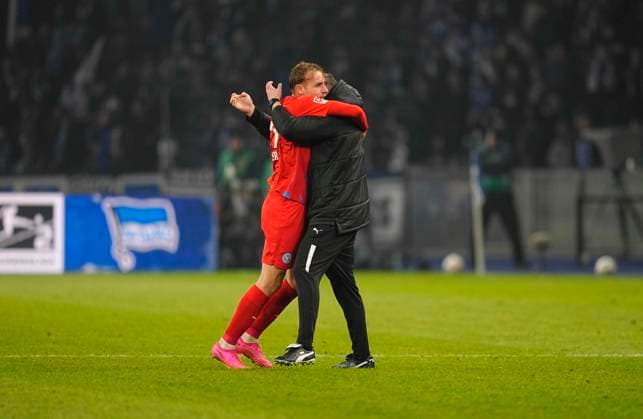 Germany, Berlin, 01 03 2024, Olympic Stadium, Hertha BSC vs Holstein Kiel 2 Bundesliga, Timo Becker Holstein Kiel with post game celebration Berlin Olympic Stadium Berlin Germany eu-images-659