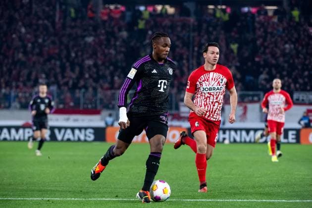 Mathys Tel FC Bayern Muenchen, 39 in duel with Nicolas Hoefler SC Freiburg, 27 , GER, SC Freiburg SCF vs FC Bayern Muenchen FCB , Soccer Bundesliga, 24 Matchday, Season 2023 2024, 01 03 2024 DFB DFL regulations prohibit any use of photographs as image sequences and or quasi video GER, SC Freiburg SCF vs FC Bayern Muenchen FCB , Soccer Bundesliga, 24 Matchday, Season 2023 2024, 01 03 2024 Freiburg Copyright: xEibner-Pressefoto Memmlerx EP_MMR