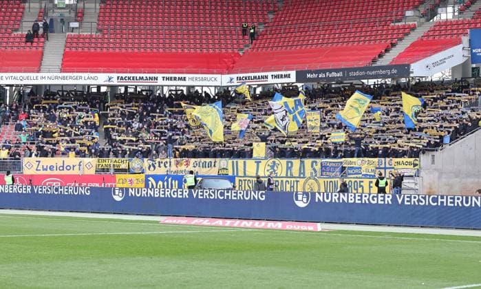 02 03 2024 Soccer Season 2023 2024 2 Soccer Bundesliga 24 Matchday 1 FC Nürnberg FCN Club BTSV Eintracht Braunschweig EBS Sportfoto Zink DaMa xdaxmax DFL regulations prohibit any use of photographs as image sequences and or quasi video only for editorial use spectators audience fans of Eintracht Braunschweig cheer on their team team