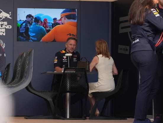 02 03 2024, Bahrain International Circuit, Sakhir, Formula 1 Gulf Air Bahrain Grand Prix 2024 ,in the picture Team Principal Christian Horner Oracle Red Bull Racing sits with his wife Geraldine Geri Estelle Horner in the hospitality of Oracle Red Bull Racing Sakhir Bahrain International Circuit Bahrain eu-images-506